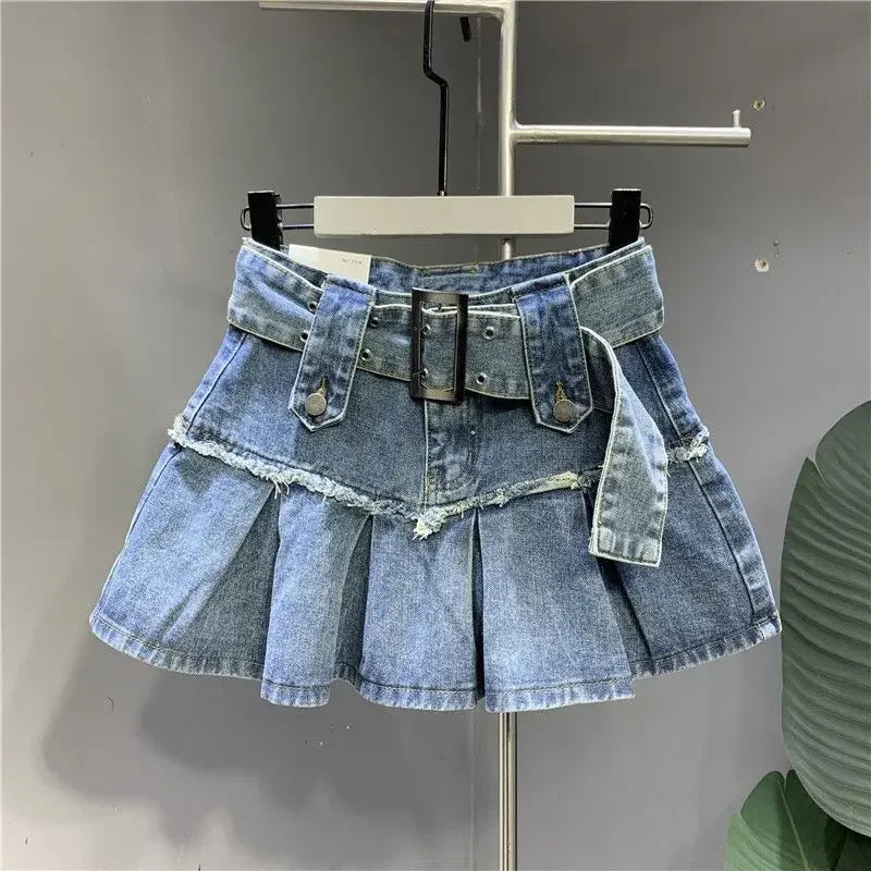 Vintage High-Waist Pleated Denim Skirt