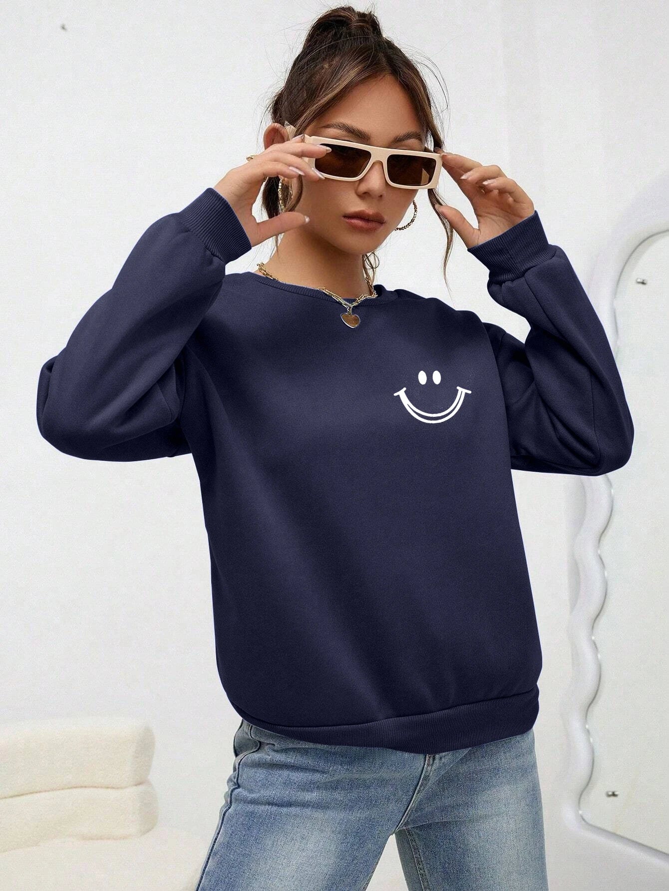 Smiling Face Printed Women’s O-Neck Sweatshirt