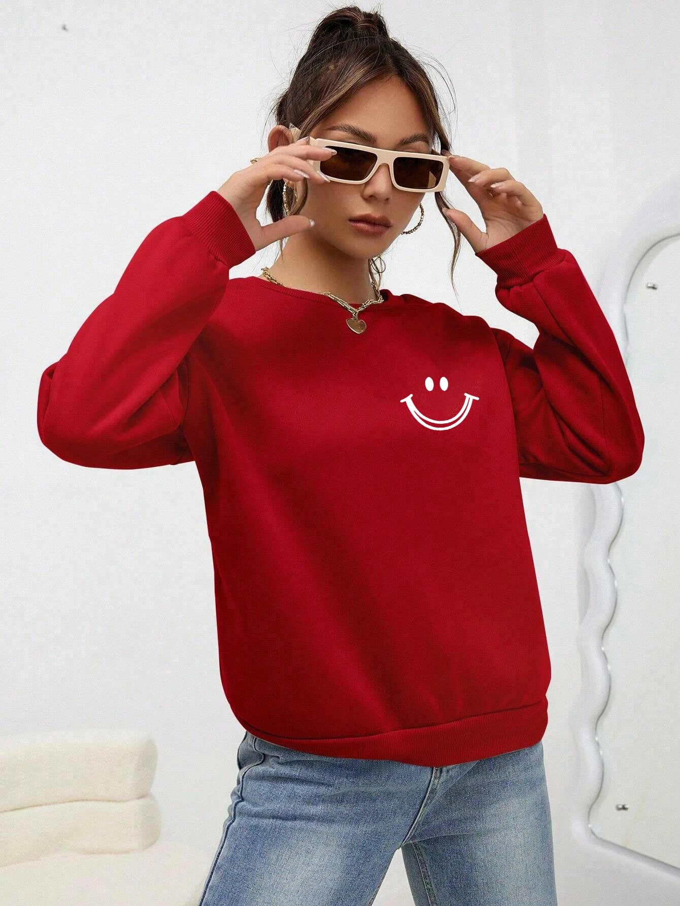 Smiling Face Printed Women’s O-Neck Sweatshirt