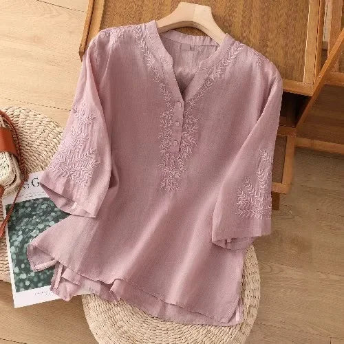 Vintage Cotton-Linen Embroidered Top
