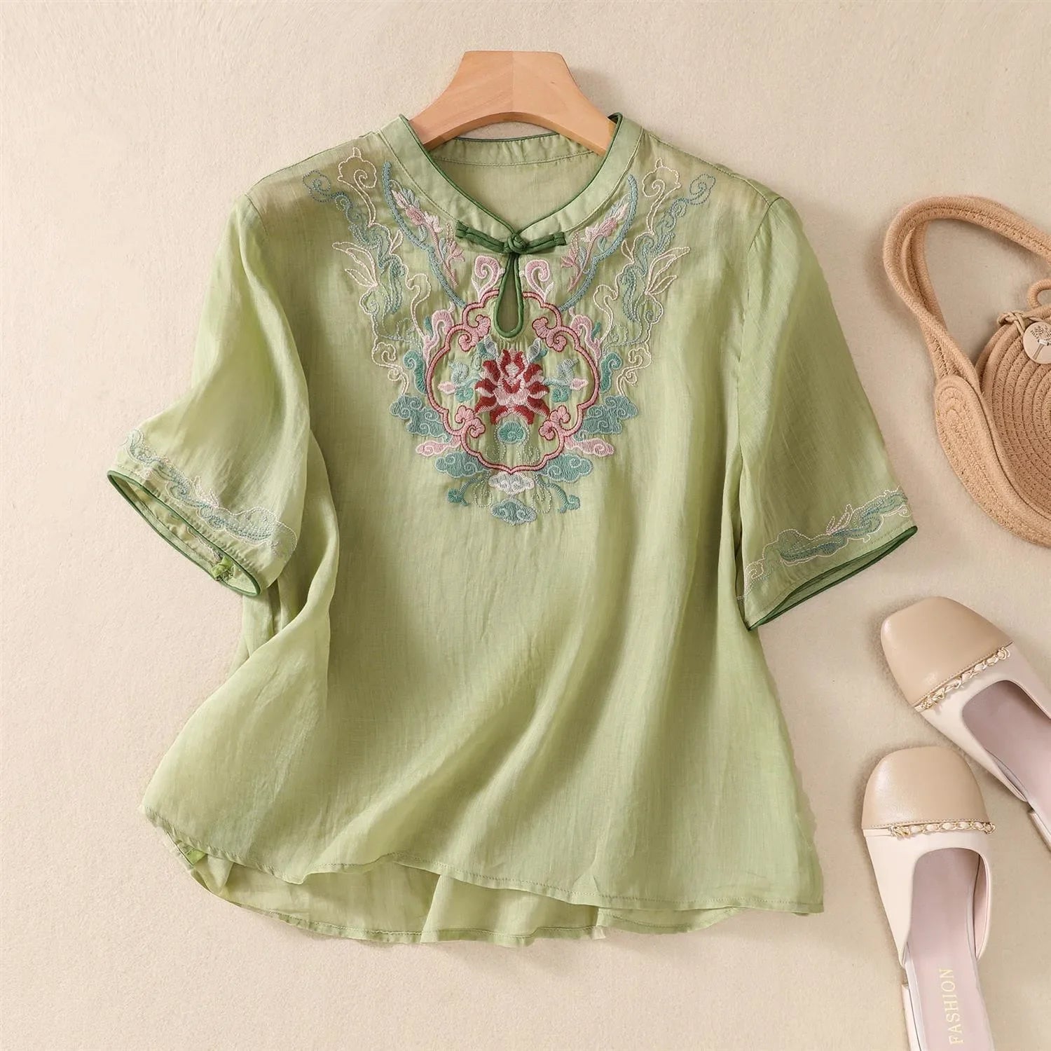 Vintage Cotton-Linen Embroidered Top