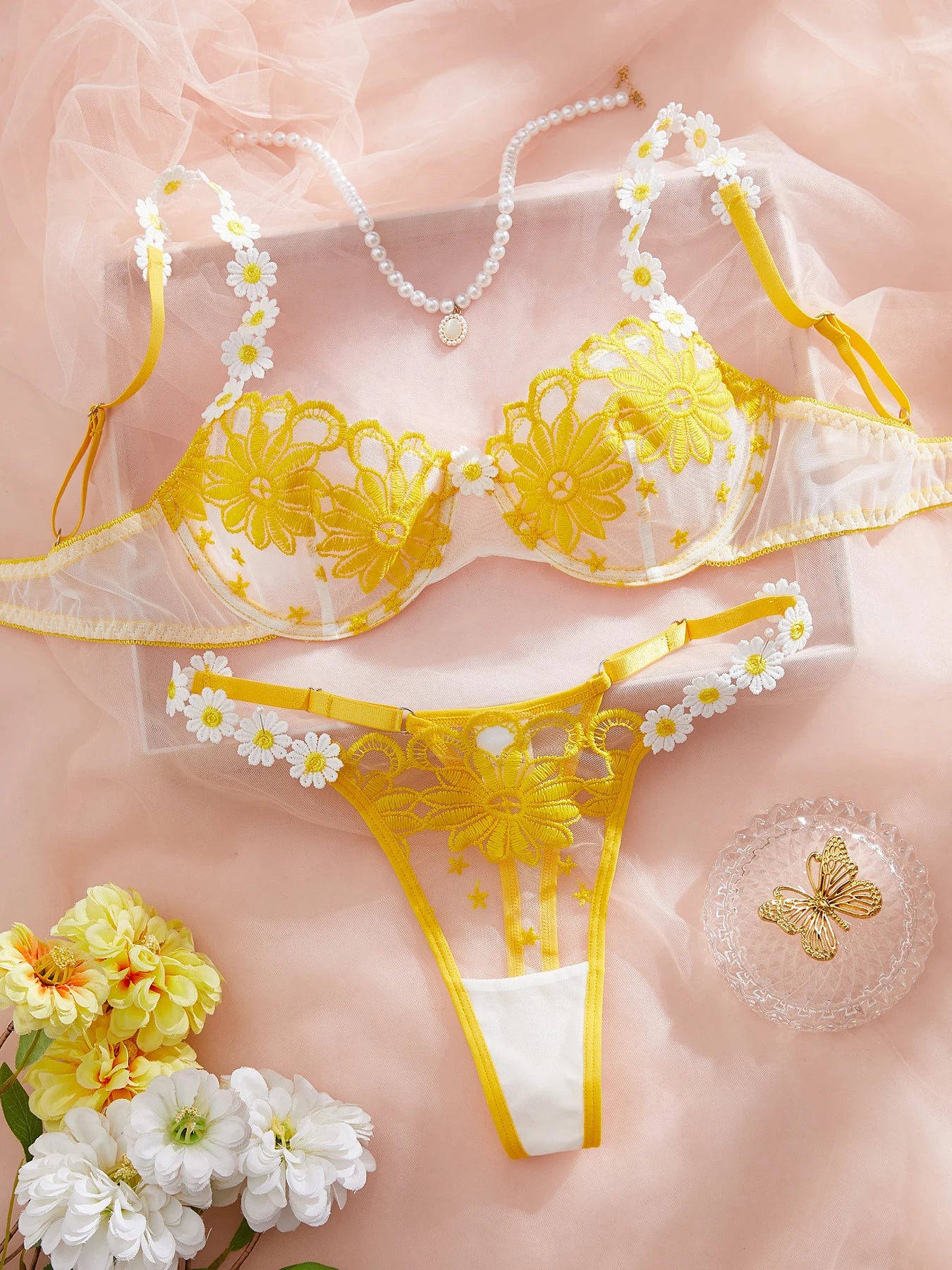 ellow Daisy Embroidered Lingerie Set