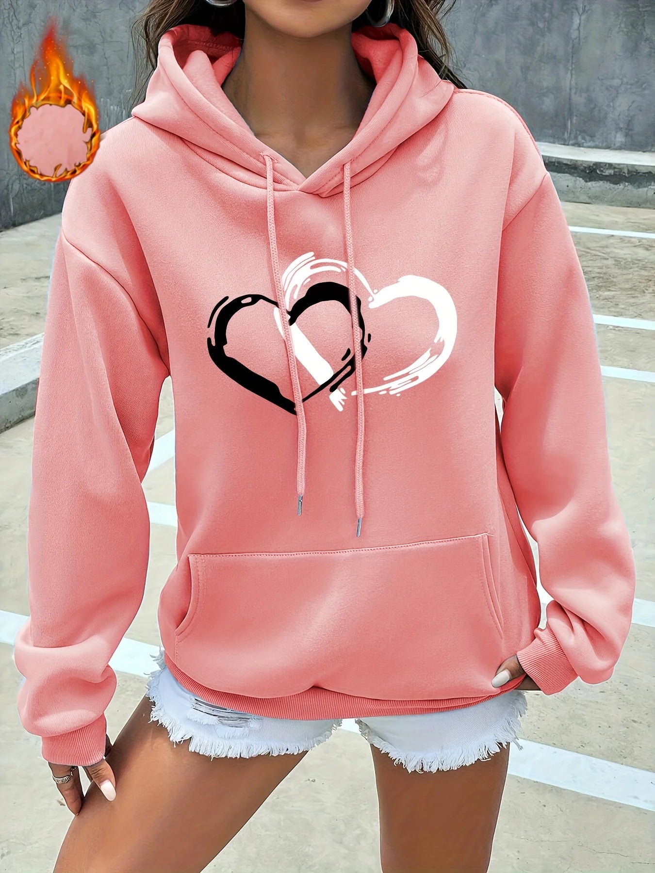Heart Print Kangaroo Pocket Hoodie