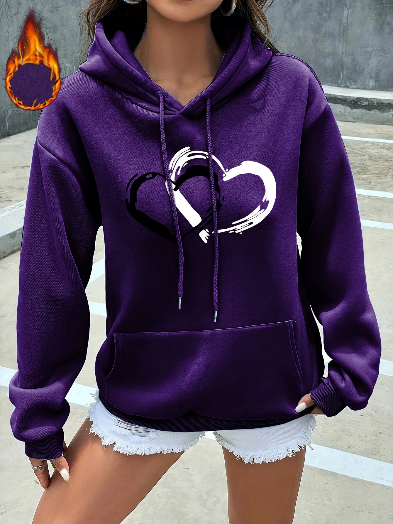Heart Print Kangaroo Pocket Hoodie