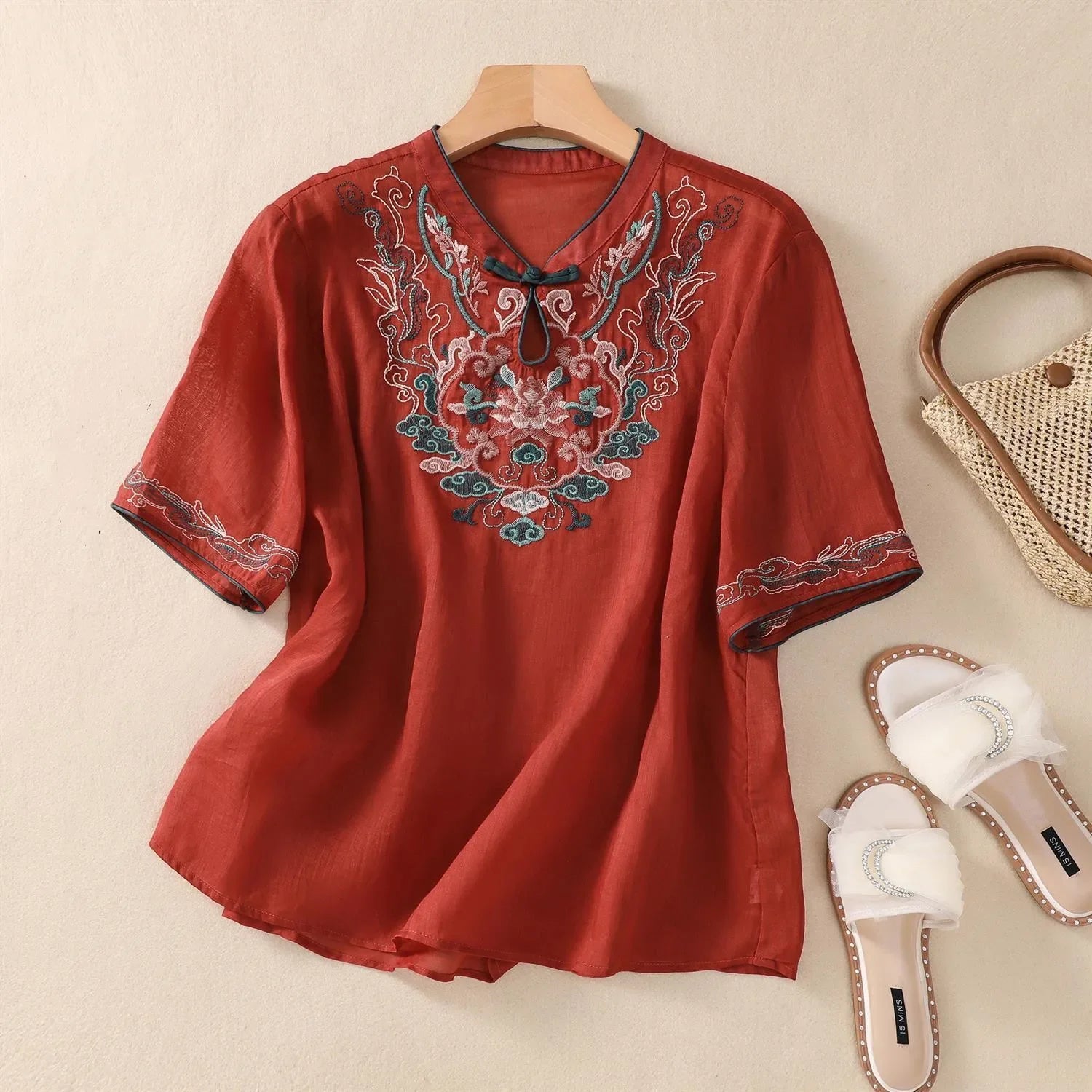 Vintage Cotton-Linen Embroidered Top