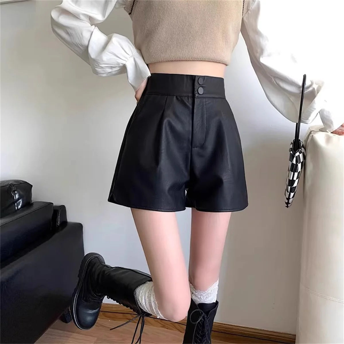 Elegant  Leather High-Waist Shorts