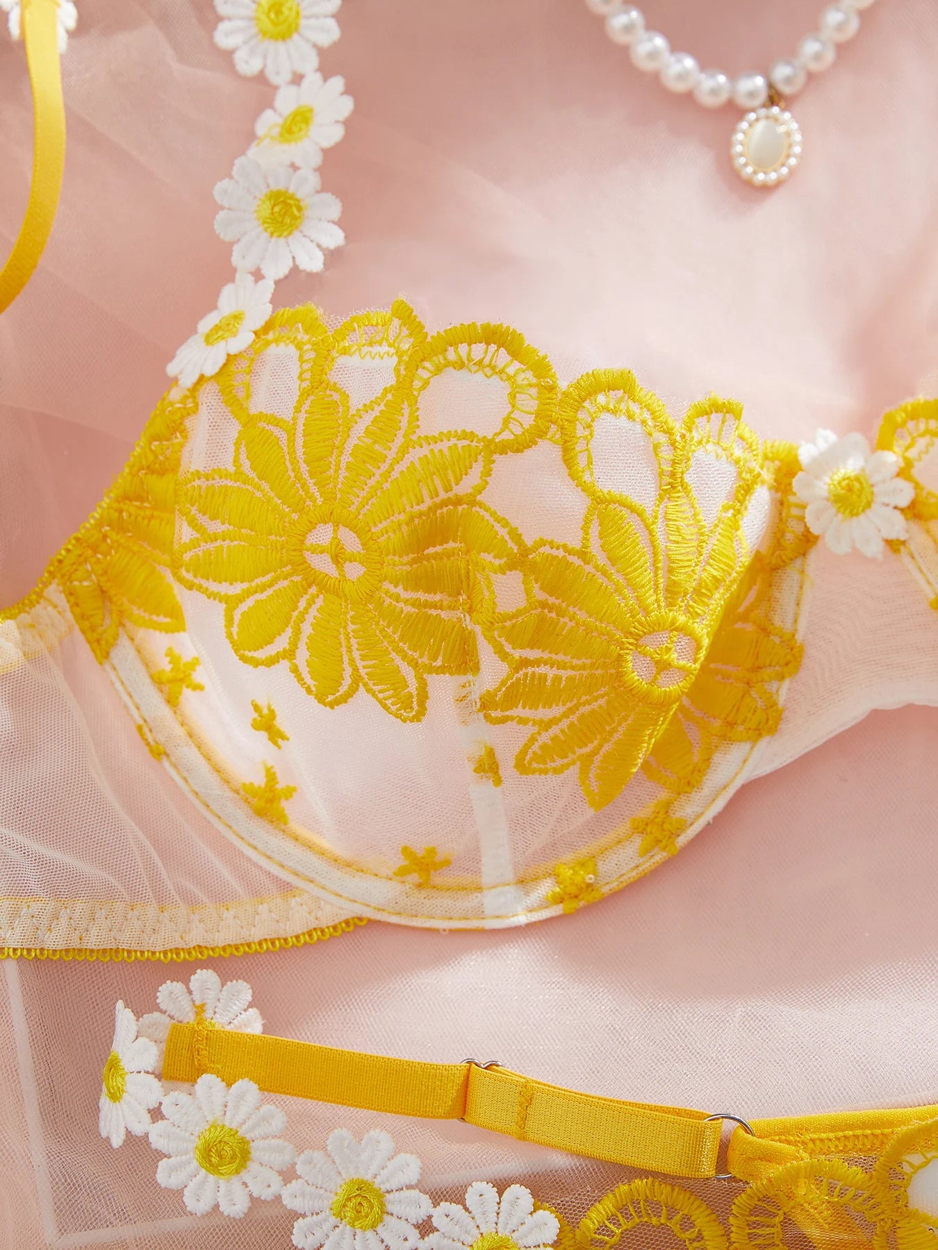 ellow Daisy Embroidered Lingerie Set