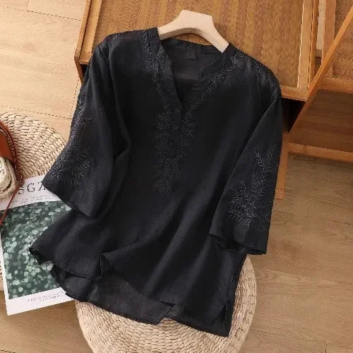 Vintage Cotton-Linen Embroidered Top