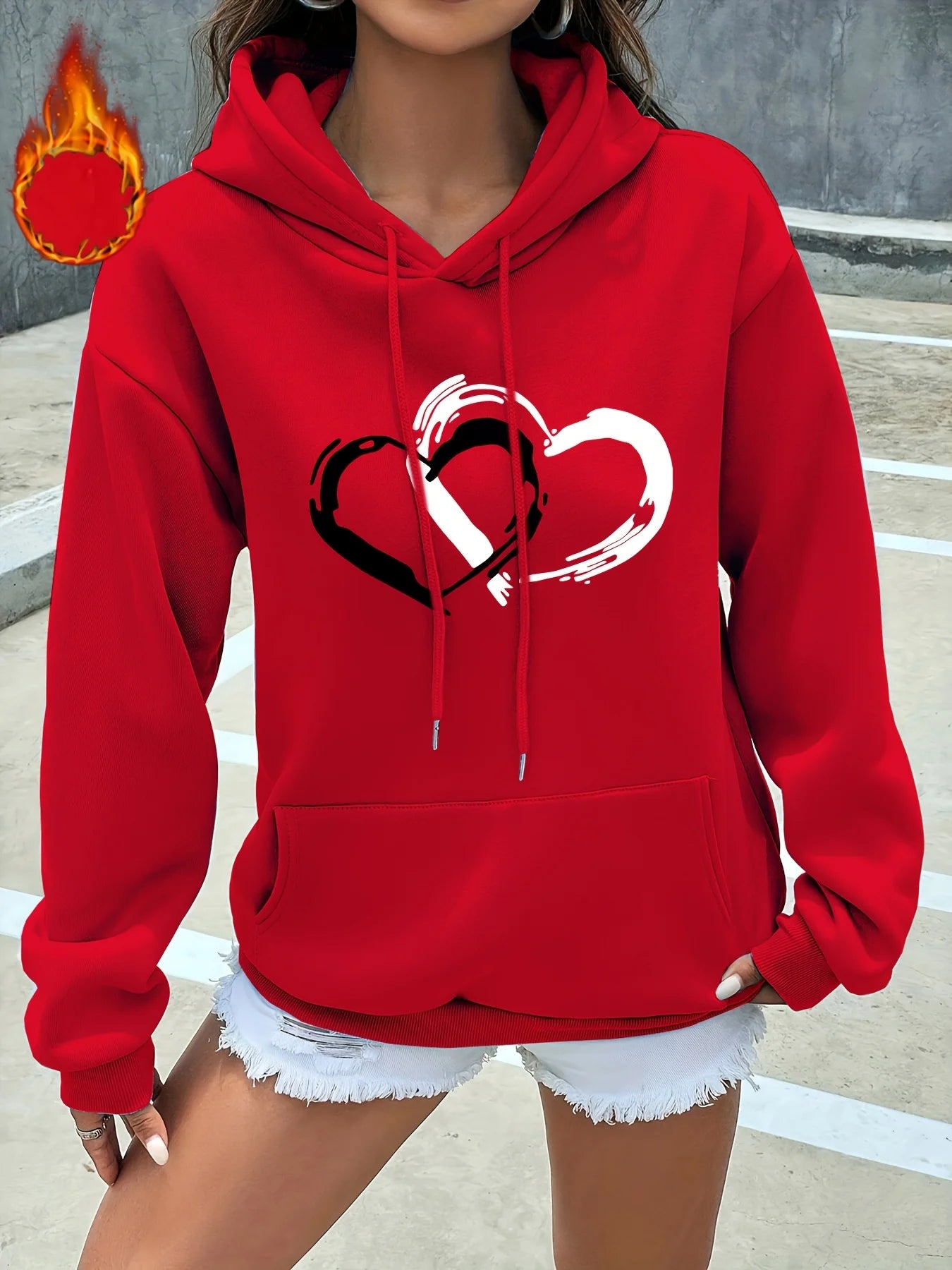 Heart Print Kangaroo Pocket Hoodie