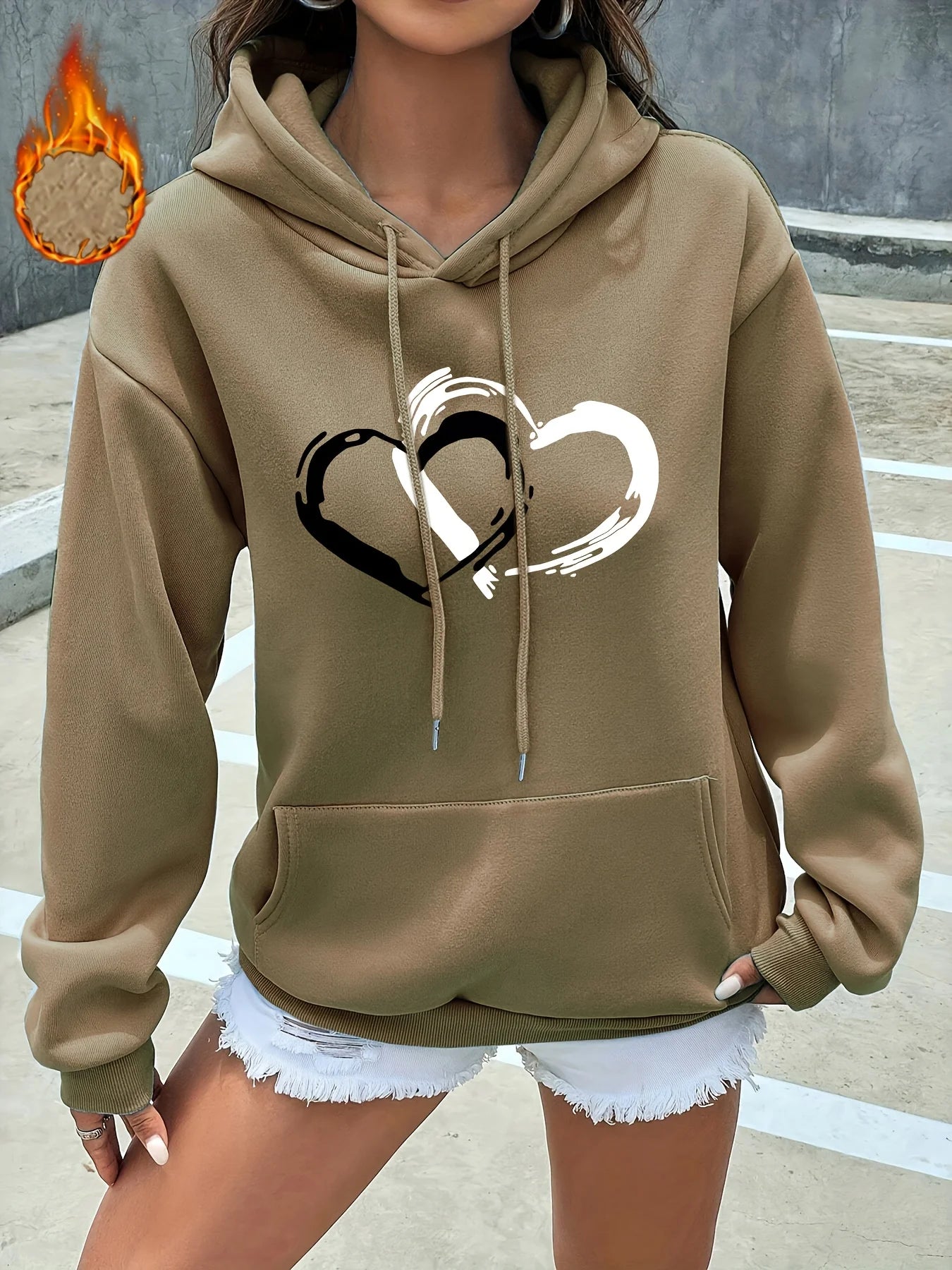 Heart Print Kangaroo Pocket Hoodie