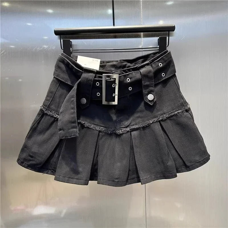 Vintage High-Waist Pleated Denim Skirt