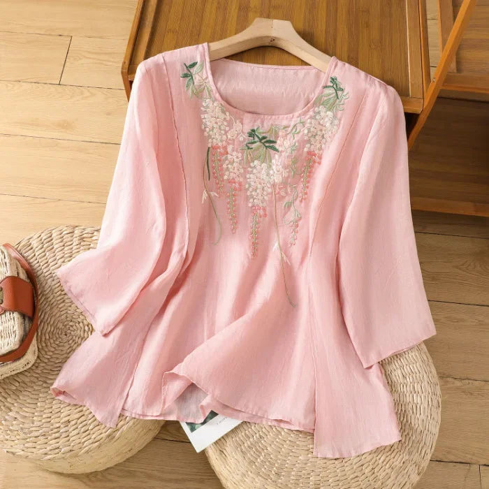 Vintage Cotton-Linen Embroidered Top