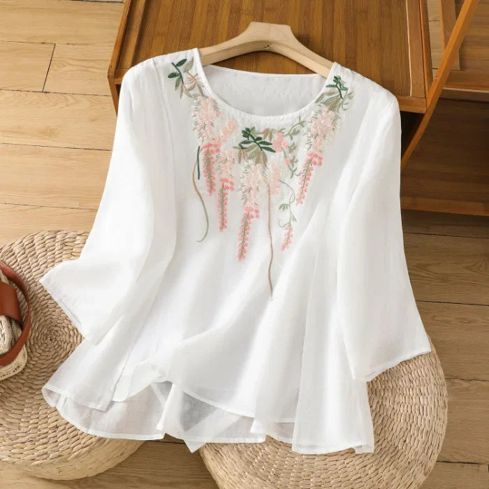 Vintage Cotton-Linen Embroidered Top