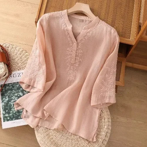 Vintage Cotton-Linen Embroidered Top