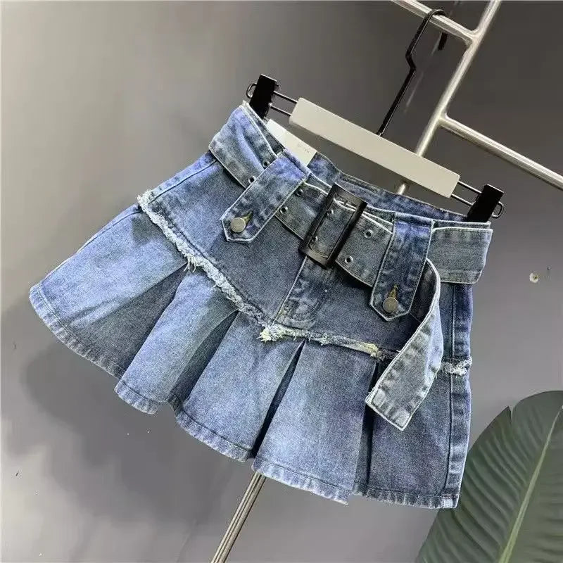 Vintage High-Waist Pleated Denim Skirt