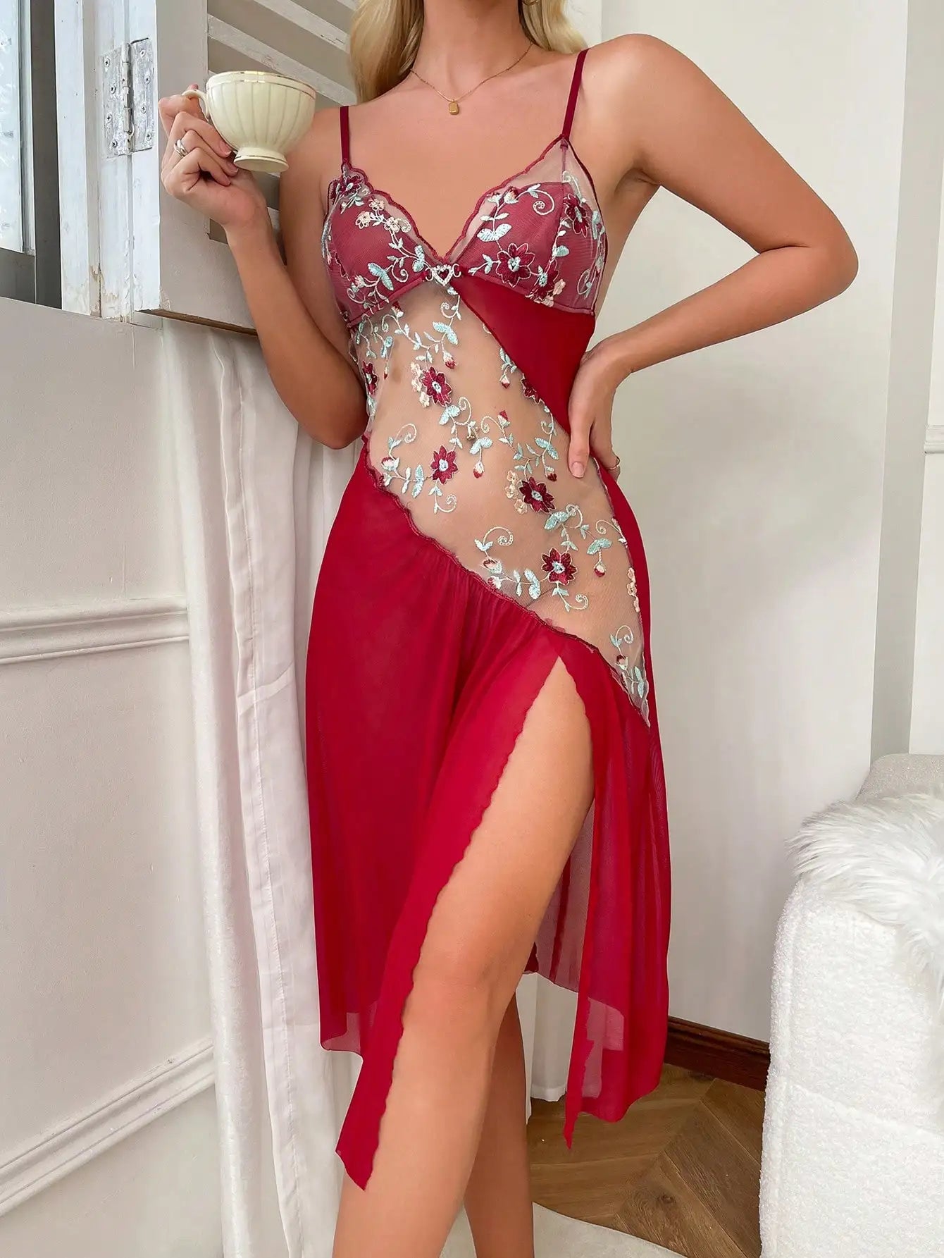 Pink Flower Printed Open Back Nightdress
