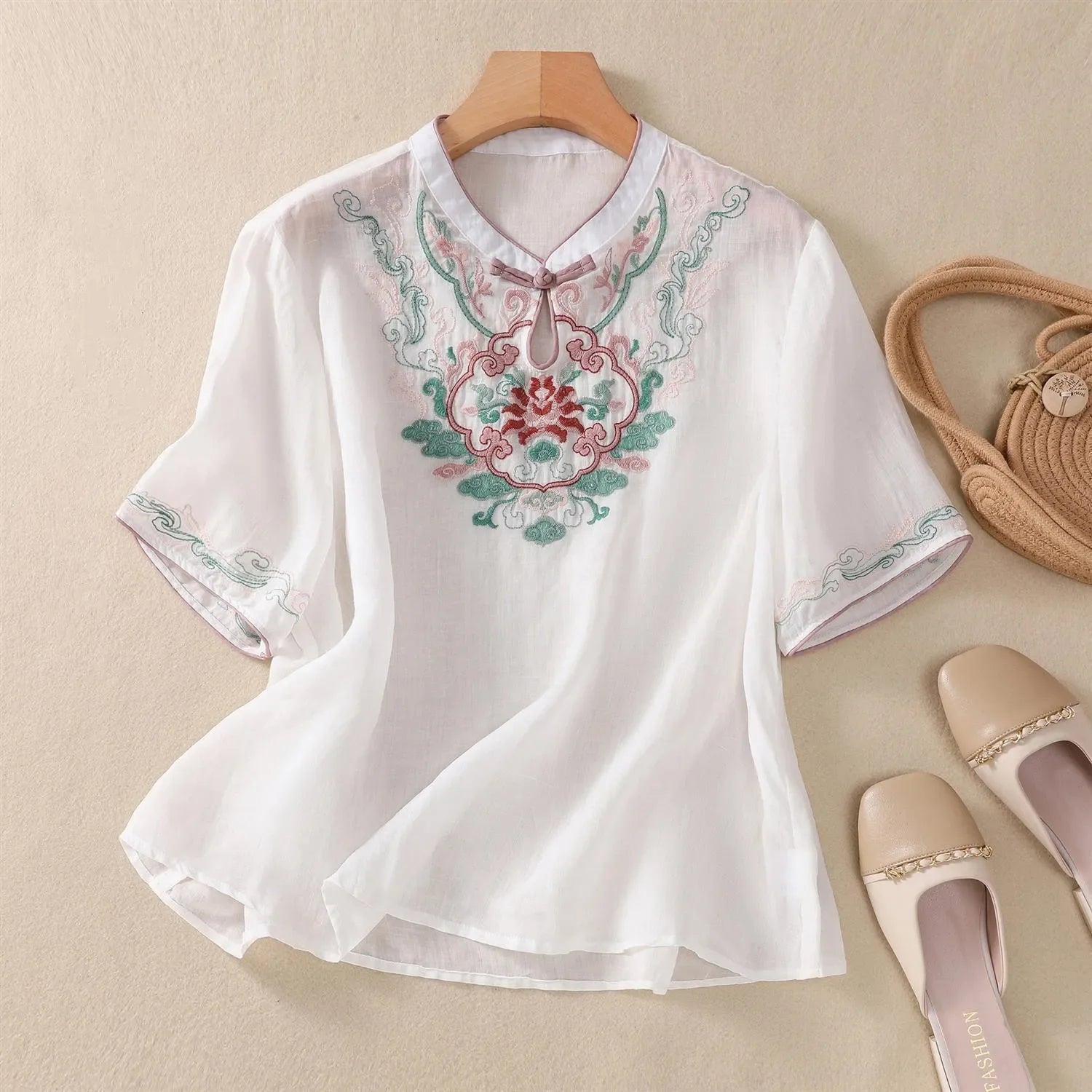 Vintage Cotton-Linen Embroidered Top
