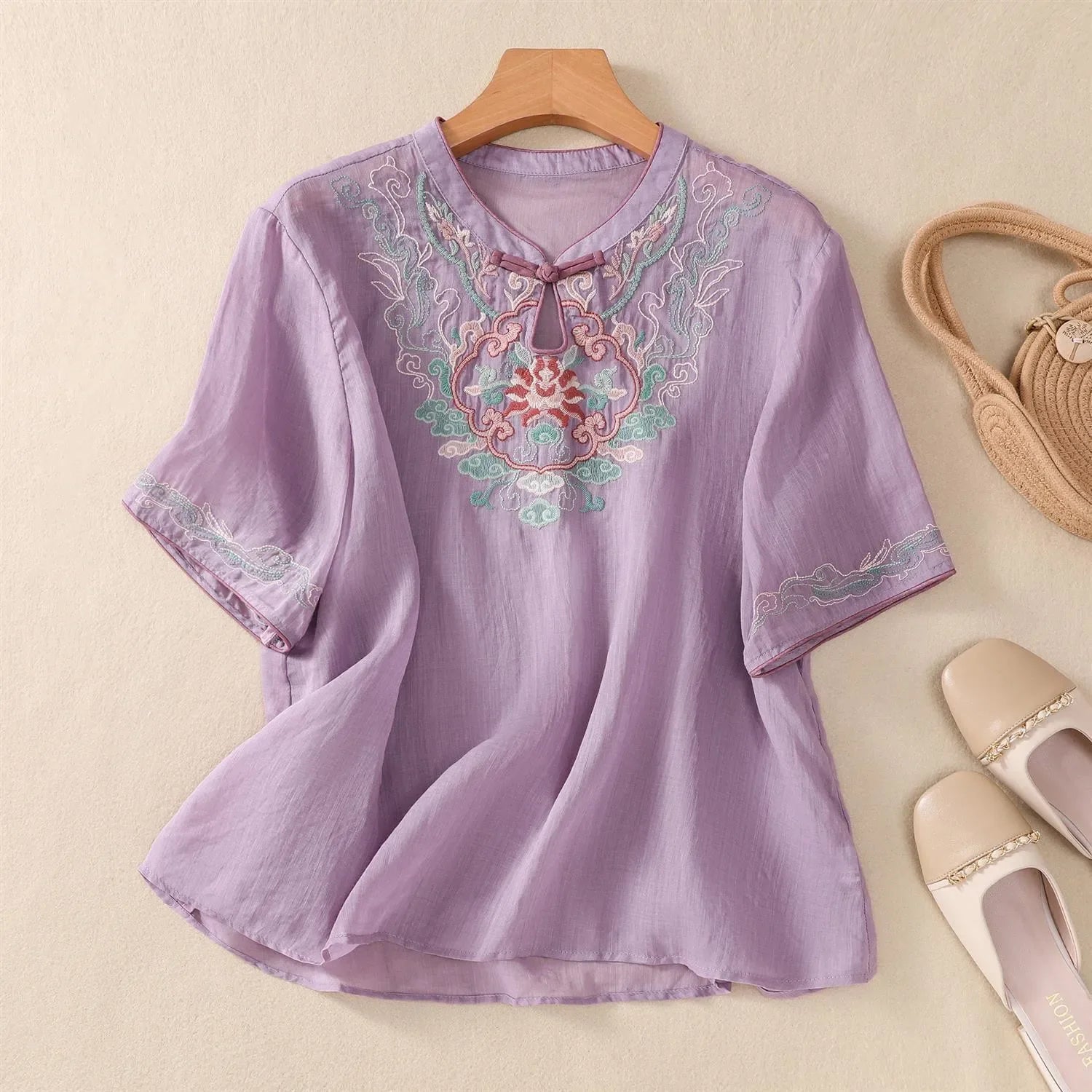 Vintage Cotton-Linen Embroidered Top